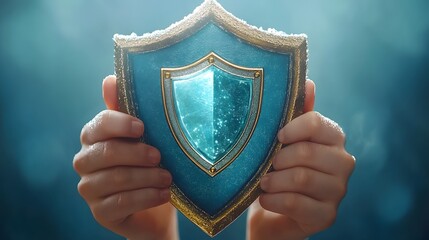 Small hands firmly grasp a glowing, ornate blue and gold shield against a dark background