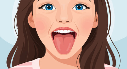 Close-up illustration of a young woman's face with blue eyes, open mouth, and tongue out