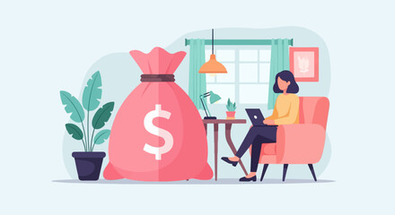 A woman sits in a chair with a laptop next to a large money bag and a plant