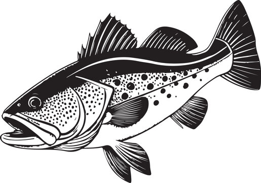 Lingcod Fish Hand-drawn Sketch Drawing Vector Illustration, Line Linear Symbol Engraving for Coloring Book, Black and White, Isolated