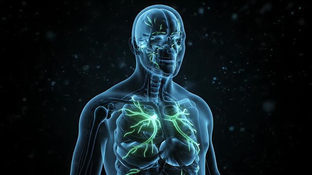 Medical Animation of Human Lymphatic System in Light Blue Silhouette on Black Background for Education and Healthcare