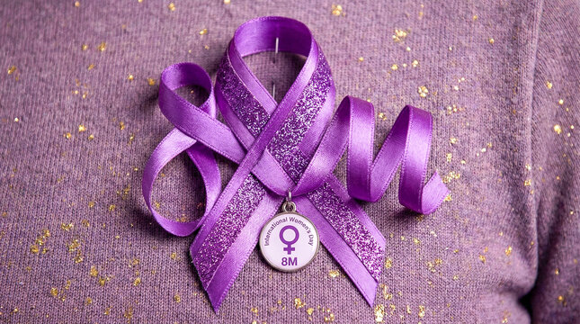 Un elegante lazo morado de sat&eacute;n brillante, s&iacute;mbolo universal del D&iacute;a Internacional de la Mujer. Representa la conmemoraci&oacute;n del 8M y la lucha continua por la igualdad de derechos, la justicia.