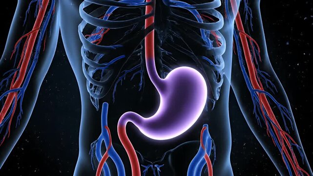 Medical Animation of Human Stomach Anatomy and Blood Vessel System with Blue Skeleton on Black Background
