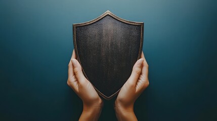 Human hands gently hold a dark, blank, shield shaped emblem against a deep teal background