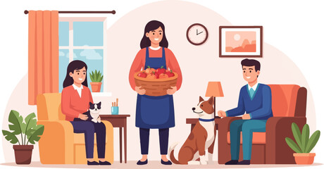A family enjoys a cozy indoor scene with pets and fresh fruit