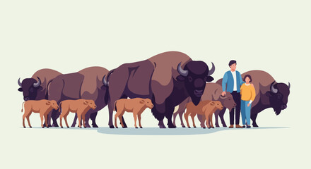 A family encounters a herd of bison, including calves and adults