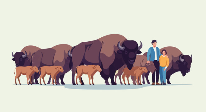 A family encounters a herd of bison, including calves and adults