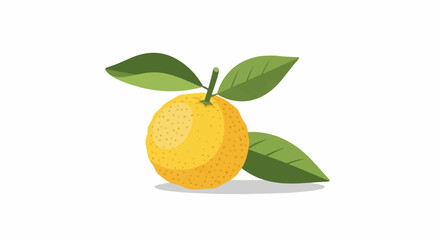 A stylized yellow citrus fruit with green leaves on a white background