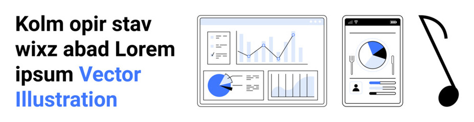 Obraz na płótnie Canvas Desktop display with charts and graphs, mobile showing pie chart on screen, music note nearby. Ideal for data analytics, statistics, mobile usage, reports, music, presentation simple landing page