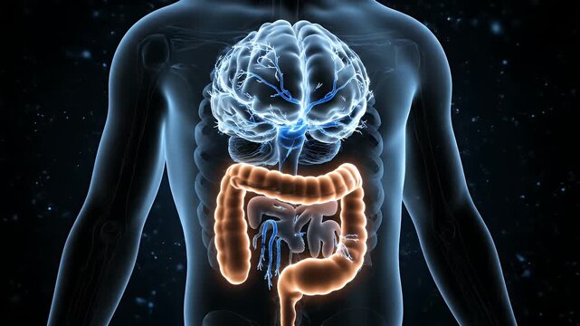 Medical Animation of Orange Colon with Blue Brain and Nervous System on Transparent Human Torso Silhouette