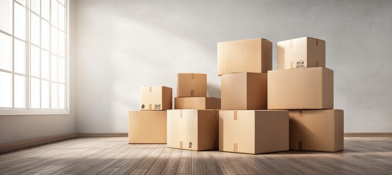 Carton box package at room with window. Generative AI technology.	

