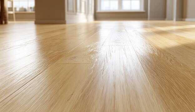 High quality photo of Close-up of shiny polished light oak hardwood flooring with sunlight reflection in a modern interior