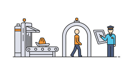 Airport security checkpoint with traveler, baggage scanner, and officer