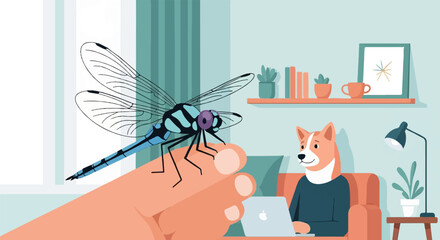A dragonfly rests on a finger near a dog using a laptop