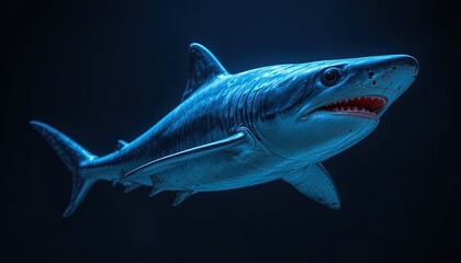 Obraz premium Majestic Great White Shark Illustration Swimming in the Dark Blue Ocean Depths