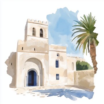 Bardo Museum. Bardo Museum hand drawn watercolor illustration on white background