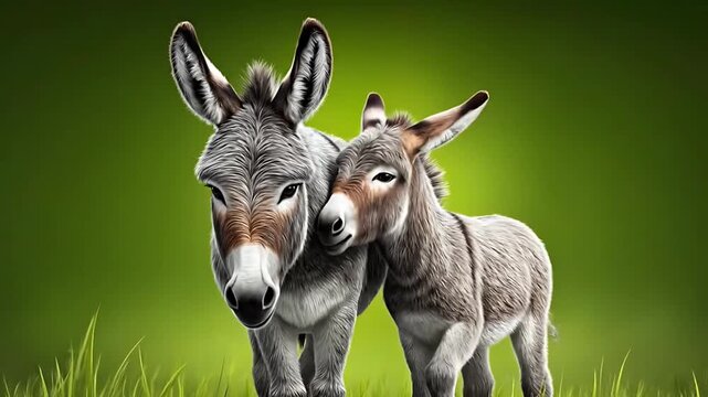 Two donkeys standing together in a green meadow, viewed from a slight low angle, showcasing their gentle interaction and serene surroundings in a digital illustration.
