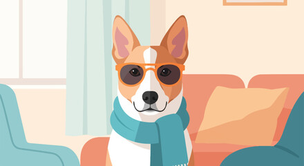 A dog with sunglasses and scarf sits on a couch with a pillow