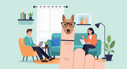 A dog with glasses on a finger is in the foreground of people working from home