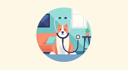 A dog wearing a stethoscope sits in a room with furniture