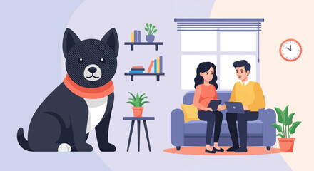 A dog sits next to a couple working on laptops on a couch in a living room