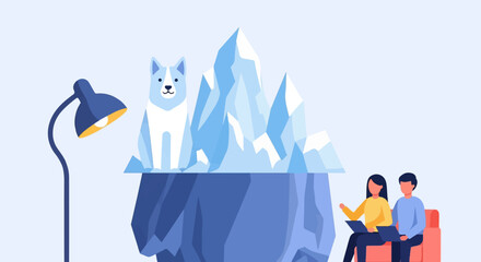 A dog sits on an iceberg next to a lamp, while two people work on laptops on a couch