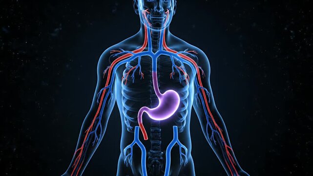 Medical Visualization of Human Stomach and Circulatory System Animation on Dark Background for Healthcare, Scientific