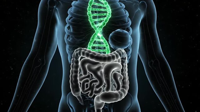 Medical Visualization of Intestinal Health with Glowing Dna Animation Showing Genetic Code Connection To Gut Microbes