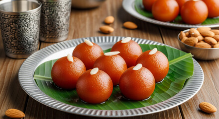 Woman eating Rava Laddu Kesar laddu motichoor Semolina Ladoo Indian sweet mithai 4K footage video Diwali Dussehra Holi Ram Navmi Ganesh chaturthi festival dessert snack golden plate Mumbai ... 