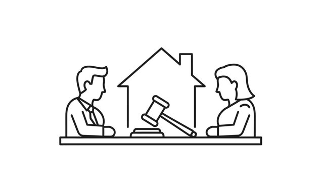 Couple discussing house property legal matters with gavel