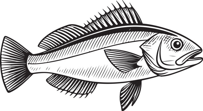 Tilefish Fish Hand-drawn Sketch Drawing Vector Illustration, Line Linear Symbol Engraving for Coloring Book, Black and White, Isolated