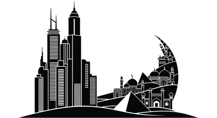 Fototapeta premium A striking black silhouette of a cityscape featuring islamic architecture pyramids and a crescent moon on transparent background high quality professional
