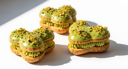 Matcha Eclairs with Pistachio on White Background