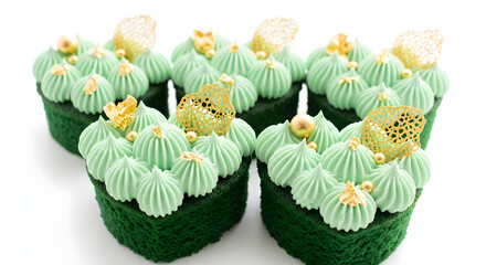 Green Cupcakes with Mint Green Frosting and Gold Decorations on White Background