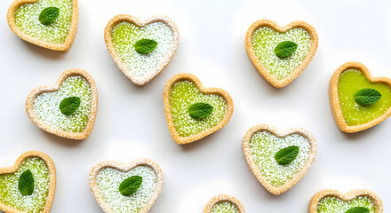 Heart-Shaped Desserts with Green Filling on White Background