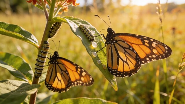Monarch butterflies on milkweed in warm golden hour meadow, closeup pollinator wildlife detail for conservation and ecology themes, serene summer nature mood