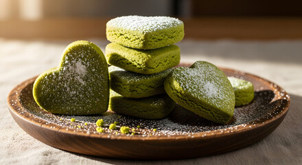 Matcha Green Heart-Shaped Cookies on Wooden Plate with Powdered Sugar