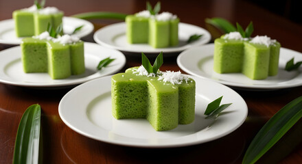 Green Pudding Desserts on White Plates with Coconut Flakes and Pandan Leaves