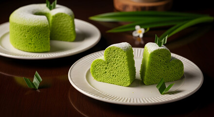 Green Heart-Shaped Cake on White Plate with Powdered Sugar