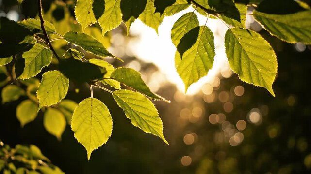 Green beech leaves illuminated by sunlight with soft bokeh background serve as a clean nature backdrop for website banners and marketing materials.