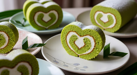 Matcha Green Tea Heart-Shaped Cake Rolls on Plates