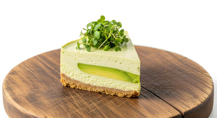 Matcha Cheesecake Slice on Wooden Board with Microgreens
