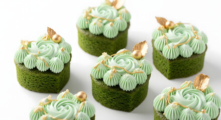 Green Cupcakes with Mint Frosting and Gold Decorations on White Background