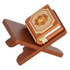 Holy Quran Book on Brown Rehal Stand 3D Rendering Islamic Culture