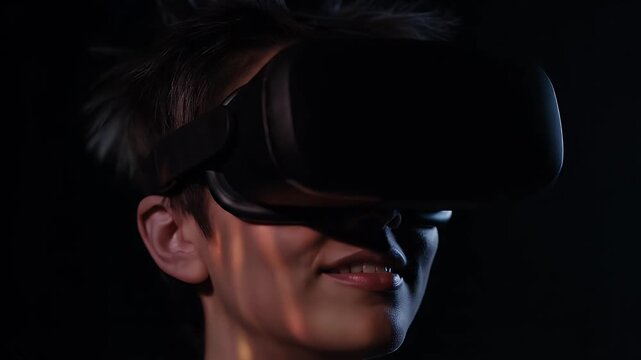 Youth Exploring Immersive Virtual World with Vr Headset and Dynamic Lights