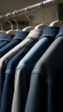 A collection of denim shirts hanging on a rack in a clothing store. Vertical video of a fashion apparel assortment for sale in a retail shop