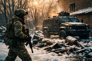 Fototapeta premium Armed soldier near an armored vehicle in a snowy ruined street, military patrol and conflict zone scene at sunset.