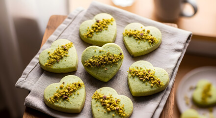 Heart-Shaped Green Cookies with Pistachio Topping on Tray