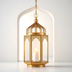 Obraz premium Golden hanging Ramadan lantern inside elegant Islamic arch