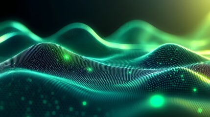 Digital surface comprised of countless luminous particles forms undulating waves in dark space